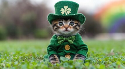 Adorable kitten in st. patrick's day outfit with green hat and bowtie in clover field. Saint Patrick's Day, St Paddy's Day, St Patty's Day - Irish National Holiday and Cultural Celebration
