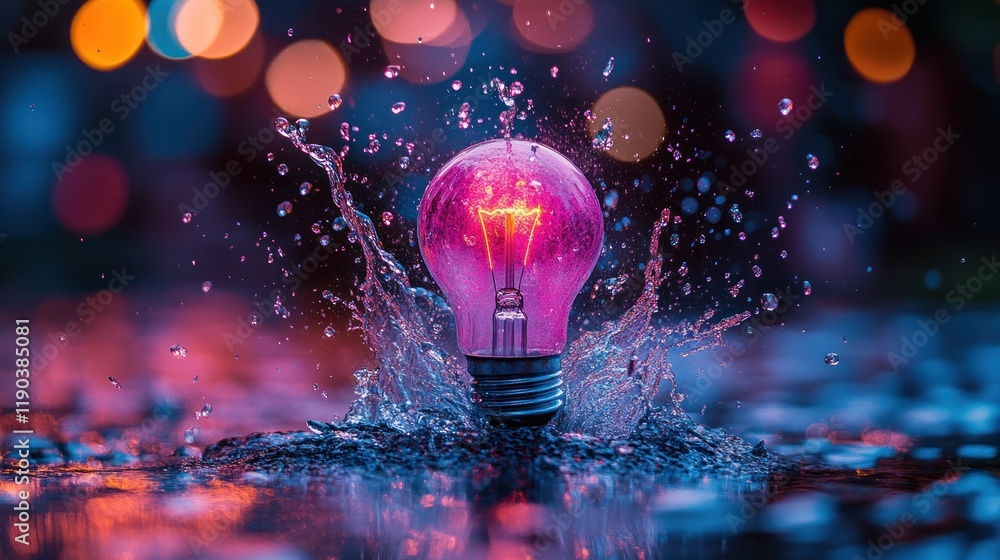 Poster glowing lightbulb splashing in water with bokeh background.