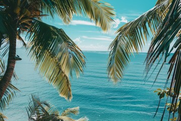 A serene tropical landscape featuring palm trees swaying in the breeze, framing a view of turquoise ocean waters, Palm trees swaying in the ocean breeze, framing a picturesque view of the water