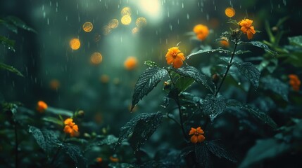 Serene rainy evening with orange flowers sparkling in lush greenery. Saint Patrick's Day, St Paddy's Day, St Patty's Day - Irish National Holiday and Cultural Celebration