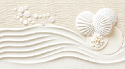 Tranquil white sand beach with delicate shell and tropical flower, serene coastal paradise