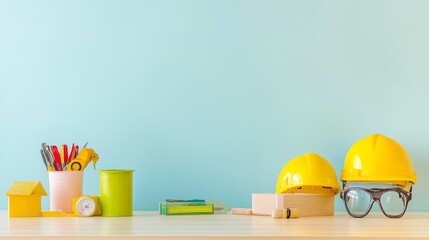 Workplace essentials, yellow hard hat glasses and pencils on desk safety productivity combined