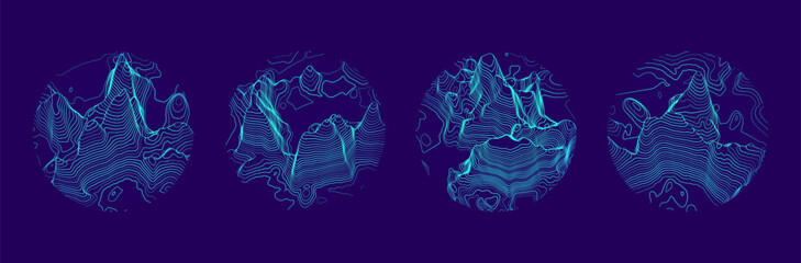 Set of topographic map circle patterns. Abstract background featuring mountain contour lines with varied textures and shapes. Vector illustration of elevation layers and landscape form.
