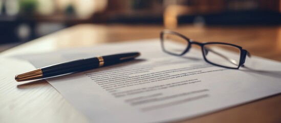Pen, glasses, and document on a wooden desk.