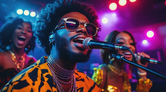 Energetic african young adults singing on stage with vibrant lights