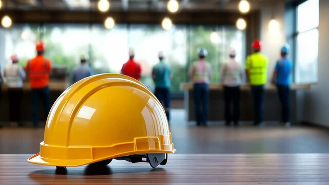 Yellow hard hat sits on a table in front of a group of people. Concept of safety and protection