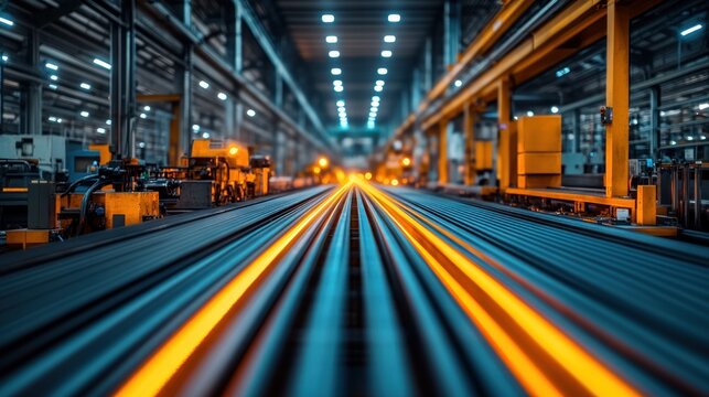 Glowing metal rods on factory production line.
