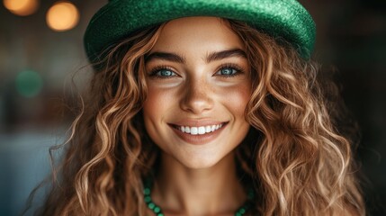 Fototapeta premium Smiling young caucasian woman with curly hair and green hat. Saint Patrick's Day, St Paddy's Day, St Patty's Day - Irish National Holiday and Cultural Celebration