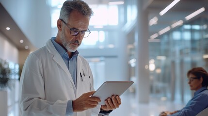 Health Info Records Sharing System. Doctor using tablet in a modern medical facility.