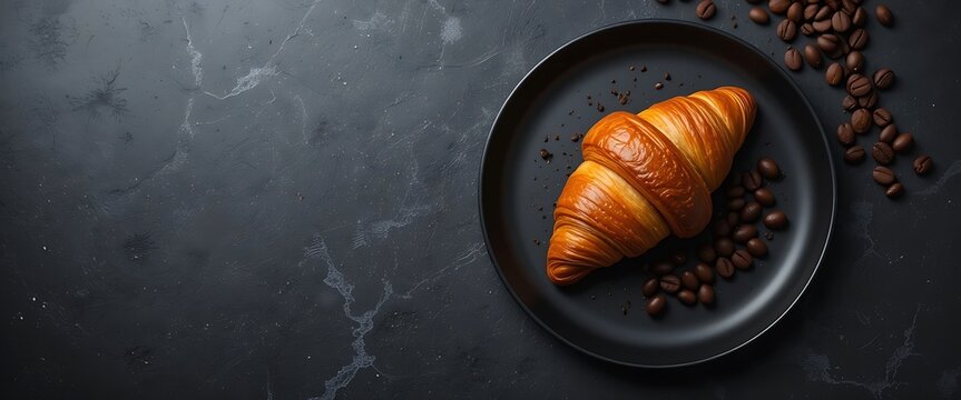 Naklejki Golden Croissant on Black Plate: A Darkly Elegant Food Photography