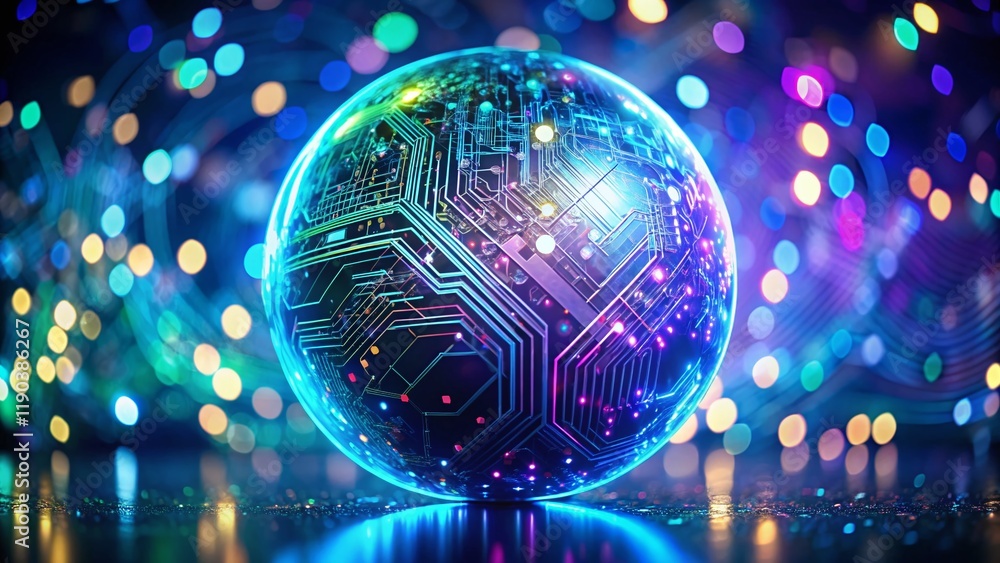 Poster abstract futuristic technology sphere: glowing circuits and bokeh
