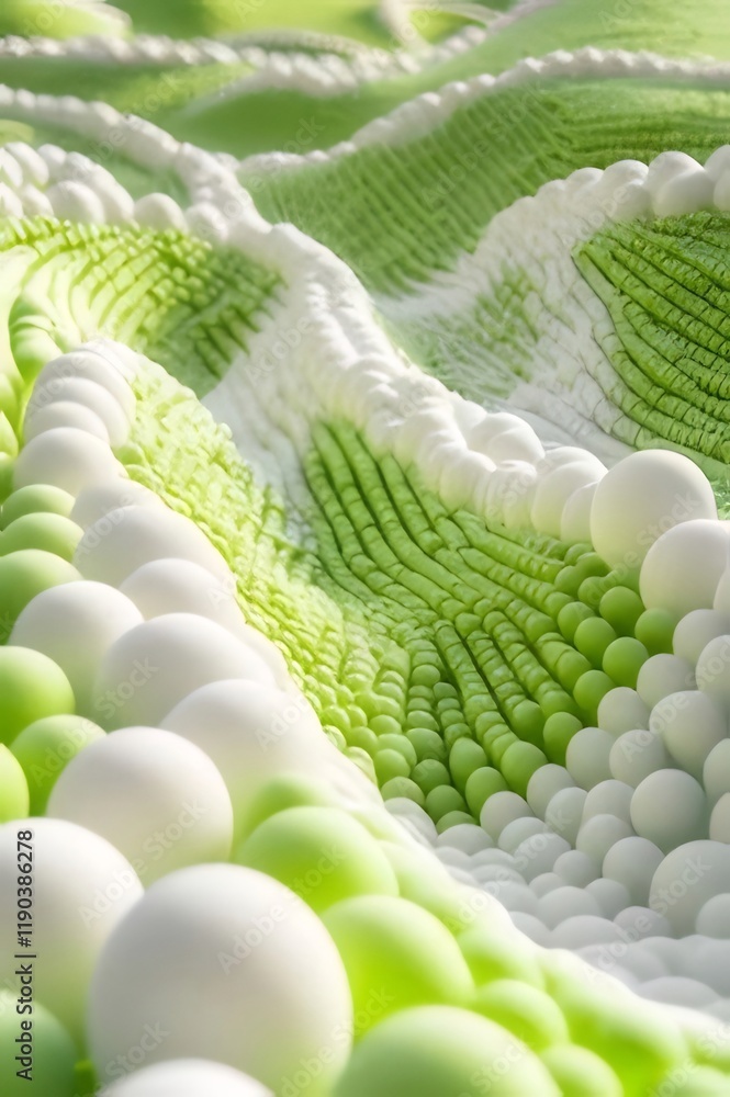 Fototapete abstract 3d rendering of undulating hills formed by light green and white spheres.