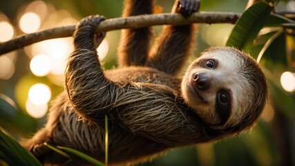 A sloth hanging from a branch in a lush, green environment with soft lighting.