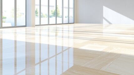 Fototapeta premium Modern minimalist room with expansive window and bright white wall, study in natural light design