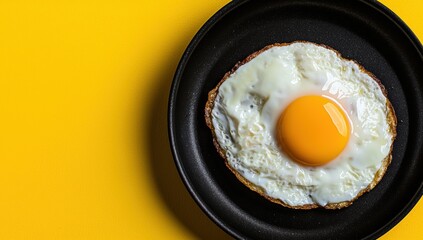 Tasty fried egg in pan on yellow background