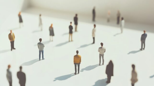 Miniature people standing apart on a white background, representing social distancing or isolation.