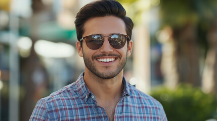 Obraz premium Confident Middle Eastern man in sunglasses and plaid shirt outdoors. Ideal for modern lifestyle, professional success, cultural diversity or urban fashion concepts.