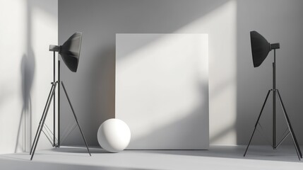 Blank canvas mockup in minimalist studio with lighting equipment and sphere.