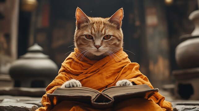 Orange tabby cat in monk robes reads ancient book.