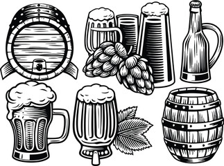  set black and white vintage beer sketch vector  glass of beer with barrel beer mug transparent background 