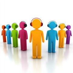 Colorful figures wearing headphones, forming a circle, representing teamwork, communication, or support.
