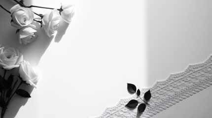 Dramatic black and white photograph featuring white roses and delicate lace trim with dark leaves. Perfect for elegant invitations, memorial services, and sophisticated design projects.