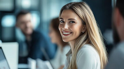 Obraz premium Cheerful young businesswoman at modern workplace. Great for female leadership, professional success, workplace happiness or office wellness themes.