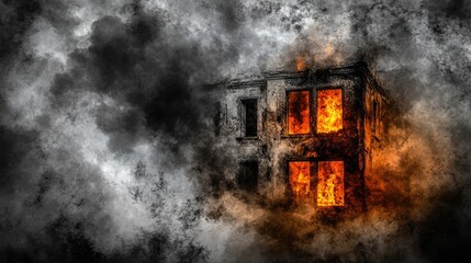 Fototapeta premium Abandoned building engulfed in flames and smoke