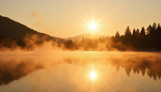 Golden sunrise illuminating misty lake landscape, nature's serenity