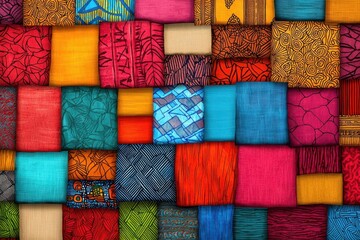 A bold and vibrant representation of African textiles, featuring patterns like kente, mud cloth, and Ankara, interwoven with cultural imagery