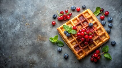 A golden-brown waffle adorned with sweet red currants and blueberries, complemented by fresh mint leaves on a textured surface