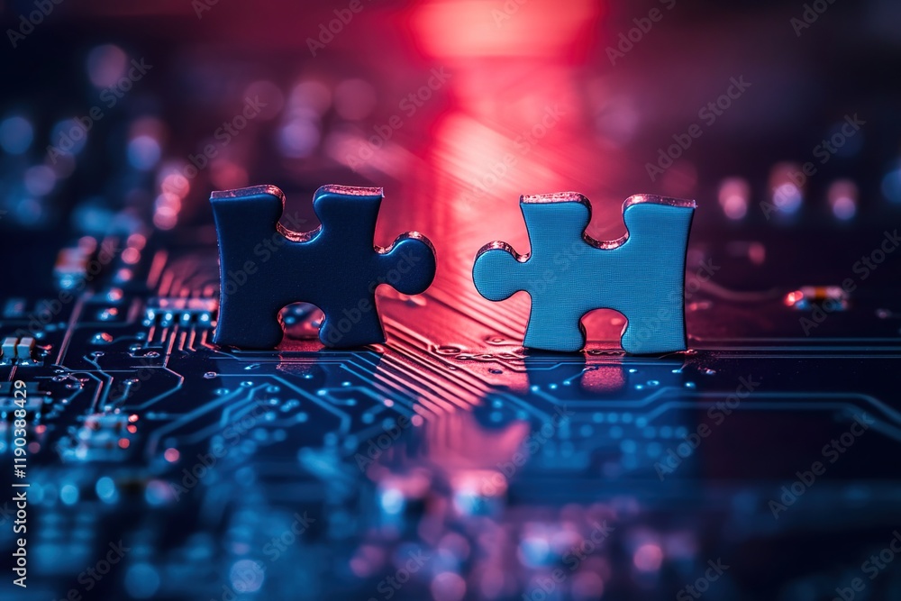 Aufkleber connecting puzzle pieces on circuit board: solving technological challenges with innovation and coll
