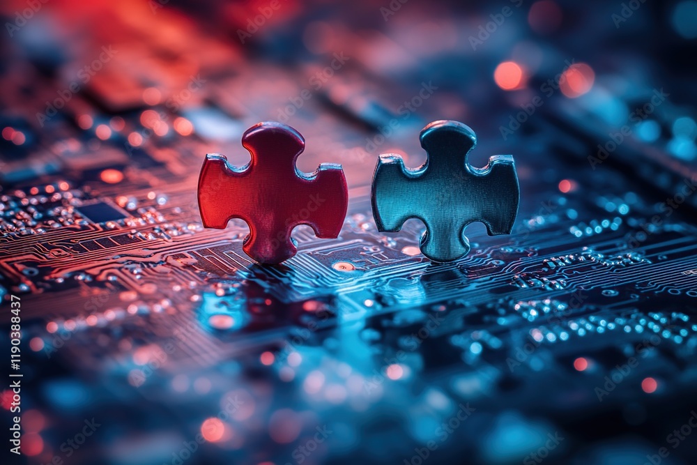 Aufkleber connecting puzzle pieces on circuit board: solving technological challenges with innovation and coll