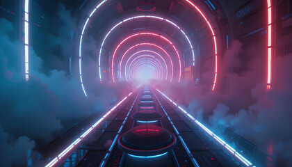 Futuristic neon pathways surrounded by glowing mist