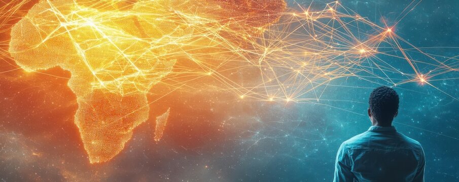 A creative representation of African diaspora connections, showing glowing lines linking continents and people sharing their stories