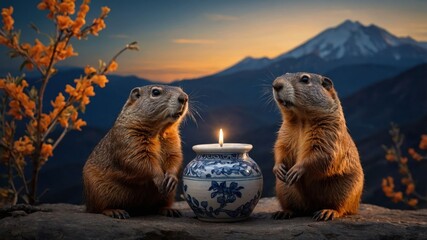 Fototapeta premium Two marmots sit beside a candle in a decorative jar against a mountain sunset backdrop.