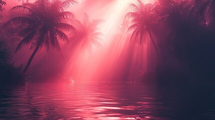 Obraz premium Abstract neon background with rays of red light shining on water and palm trees creating a tropical aesthetic