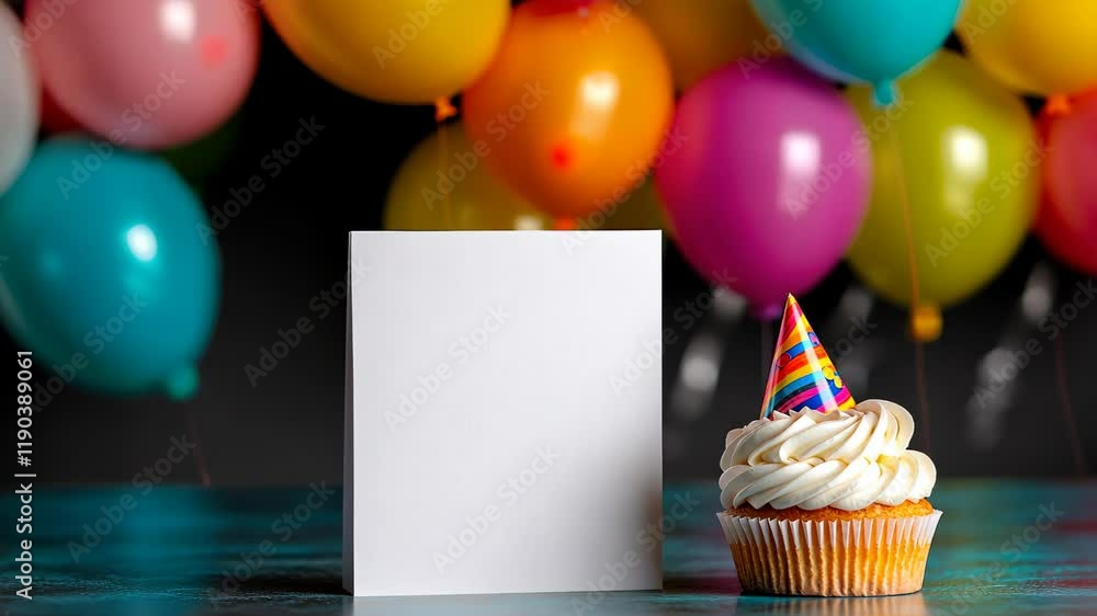 Poster white card with a rainbow on it is placed next to a cupcake with a rainbow on top. the card is empty