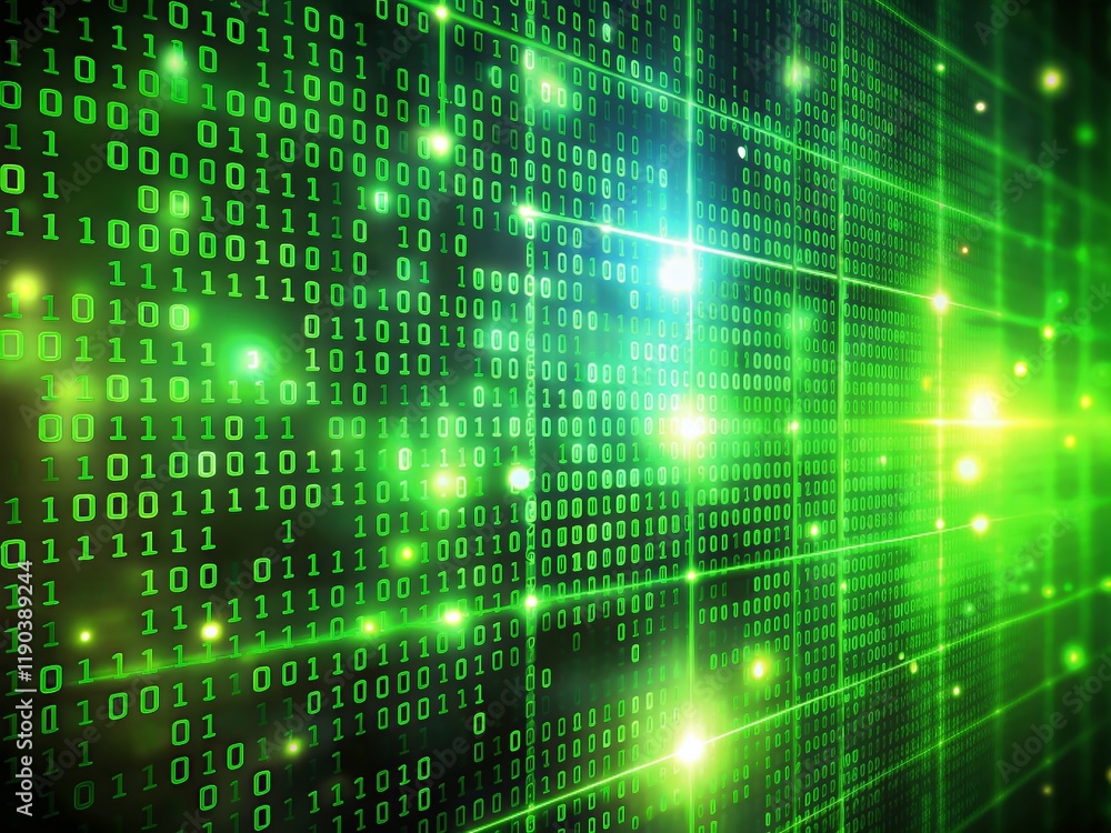 Poster abstract green binary code background, technology digital data concept, rule of thirds composition