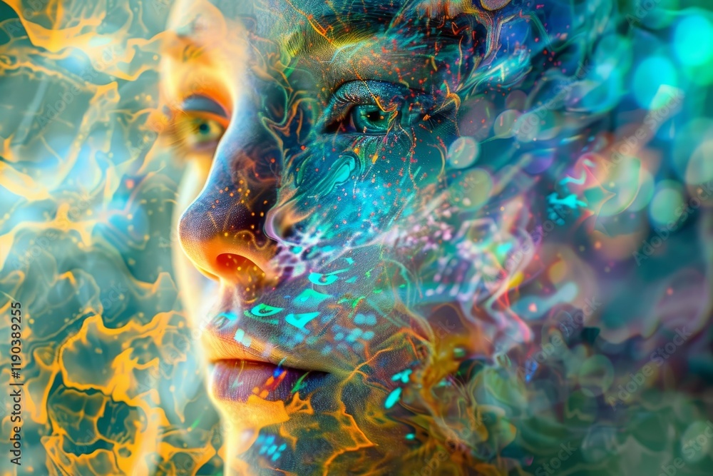 Poster abstract portrait merging human face with digital patterns, blending creativity and ai, capturing th