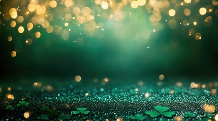 Sparkling green shamrock bokeh with glittering lights and festive atmosphere. Saint Patrick's Day, St Paddy's Day, St Patty's Day - Irish National Holiday and Cultural Celebration