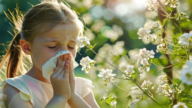 little girl sneezes into a tissue selective focus