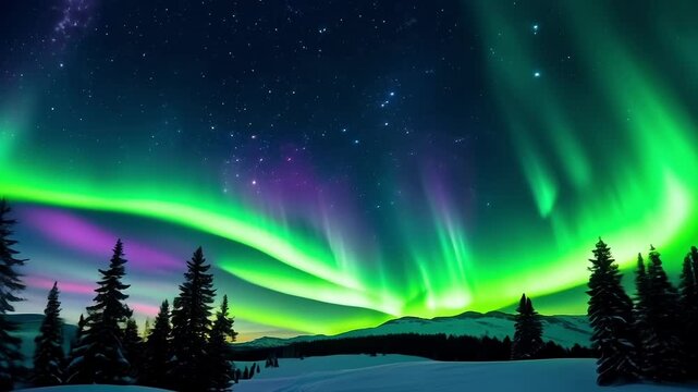 An animation of a serene winter tableau, the aurora borealis paints the heavens with vibrant strokes. A blanket of snow muffles the sounds of the world, leaving only the celestial spectacle to command