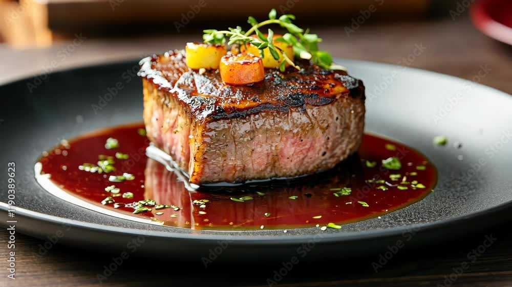 Poster piece of meat with a side of carrots and parsley. the meat is cooked and has a nice sear. the carrot