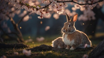 Fototapeta premium A serene scene of rabbits among blooming cherry blossoms in a tranquil setting.