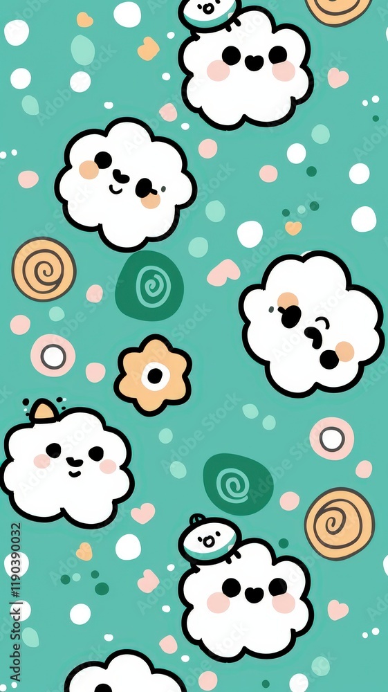 Poster a colorful pattern of clouds and flowers with a smiling face