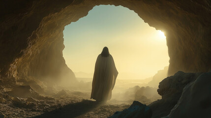 Mysterious figure in sunlit cave entrance at dawn. Easter, Pascha, Paskha, Ostern, Pascua, Paques - Orthodox and Catholic Holiday celebration