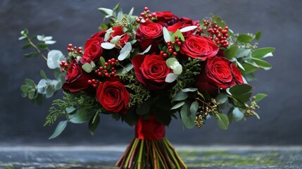 Fototapeta premium Elegant red rose bouquet featuring fresh vibrant blooms arranged in a lush floral display, perfect for romantic celebrations, wedding decorations, and valentine’s day gift ideas
