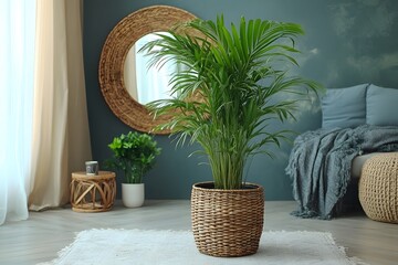 Elegant Indoor Decor with Vibrant Palm in Stylish Living Room
