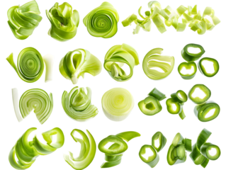 Leeks: Variety of Cuts and Slices Isolated On A White Background, PNG Transparent